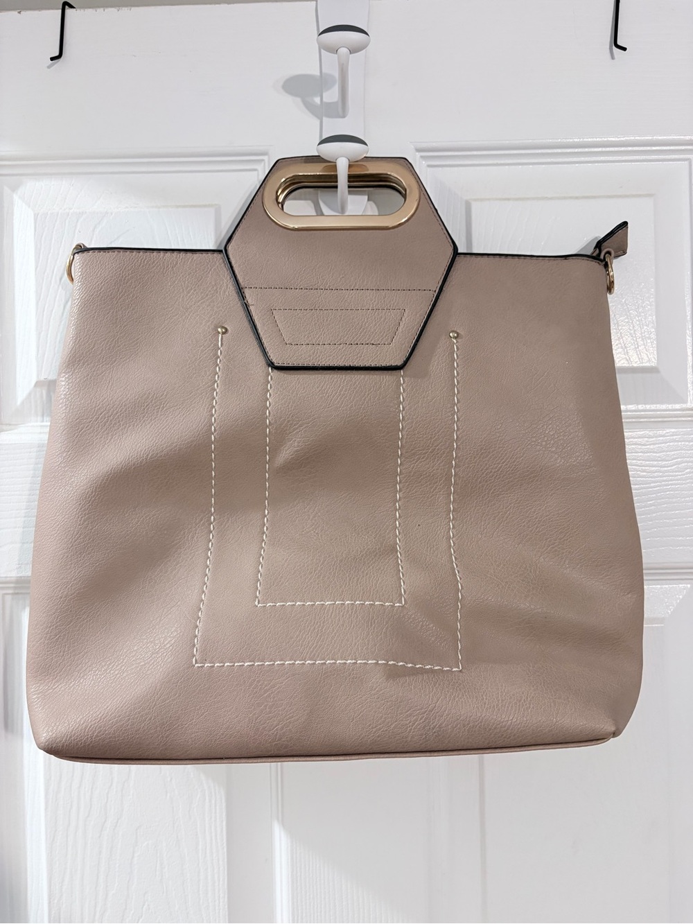 Unbranded Taupe Geometric Gold Handle Tote Bag Convertible Shoulder Purse